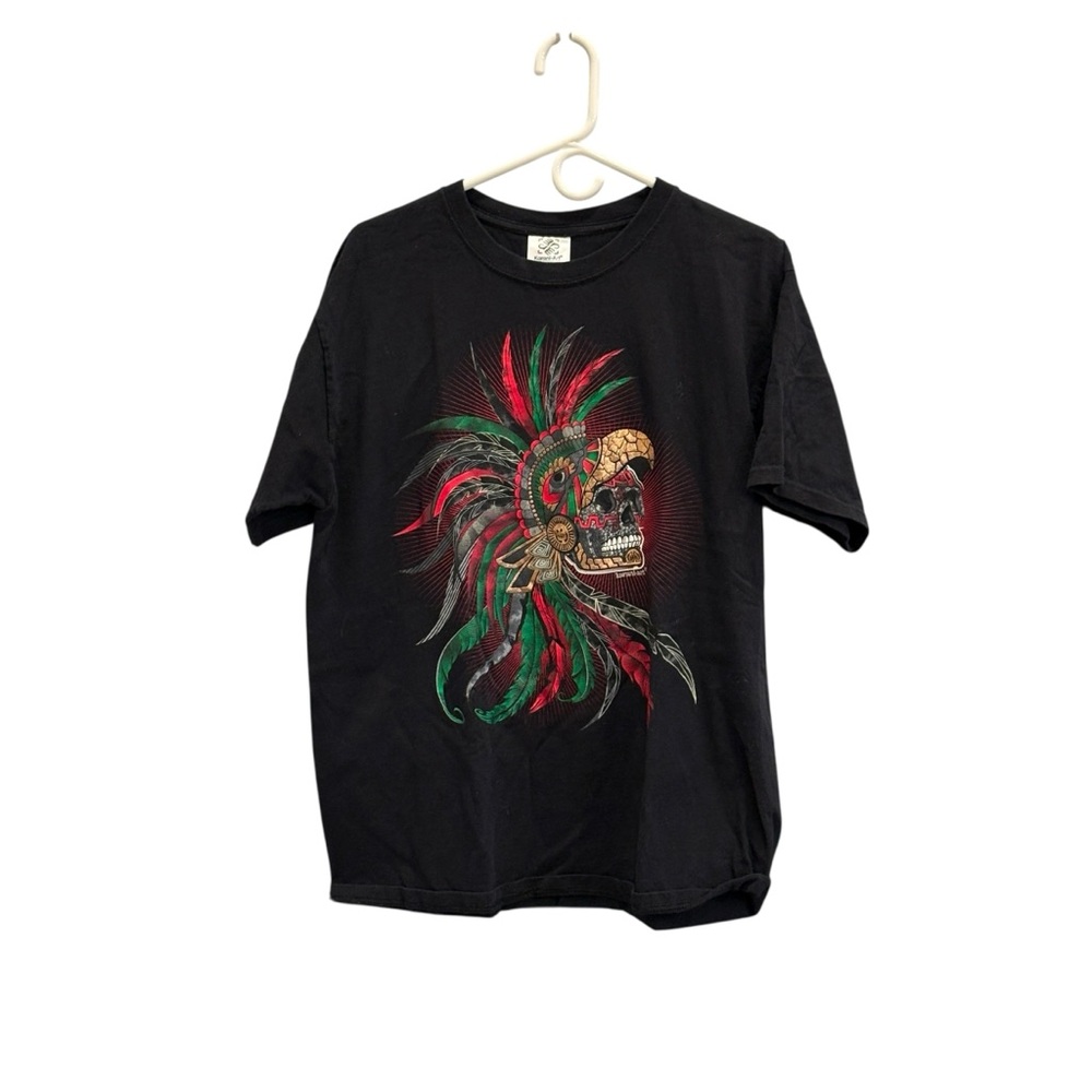 Karani Art Black Graphic Tee Shirt Aztec Skull Size Large Mexico Chiapas